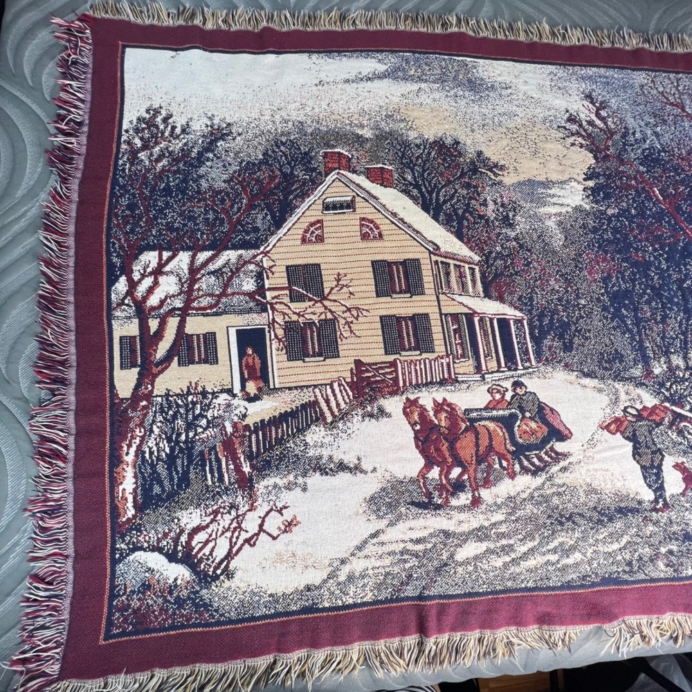 Vintage Winter Sleigh Scene Woven Tapestry Throw Blanket USA 48x60 Countryside - Picture 2 of 8